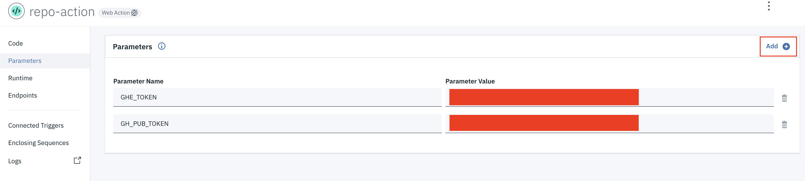 screen capture of action parameters