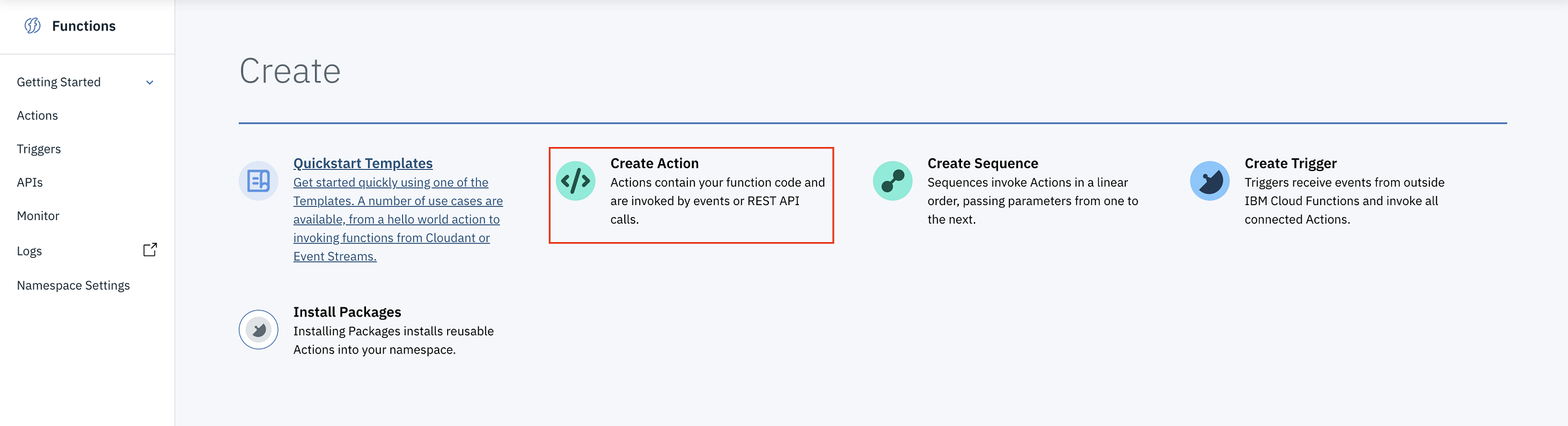 screen capture of creating a serverless action