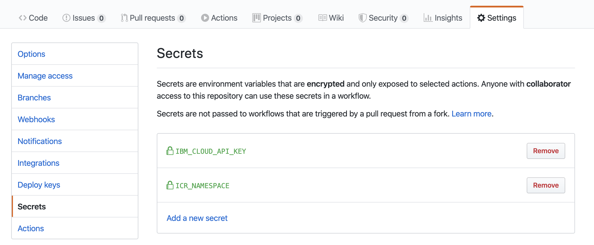 Two secrets, ICR name and IBM Cloud API key