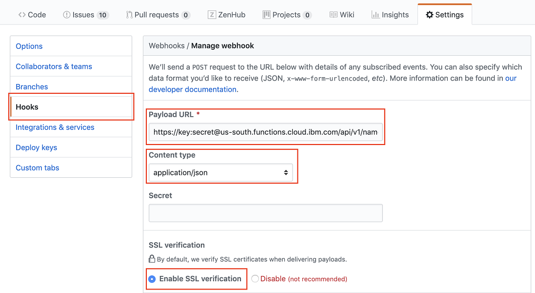 screen capture of webhook setting in GitHub